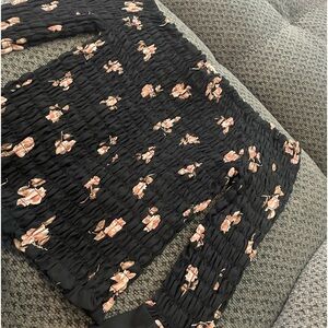 Black and Pink Floral Long Sleeve Smocked Blouse